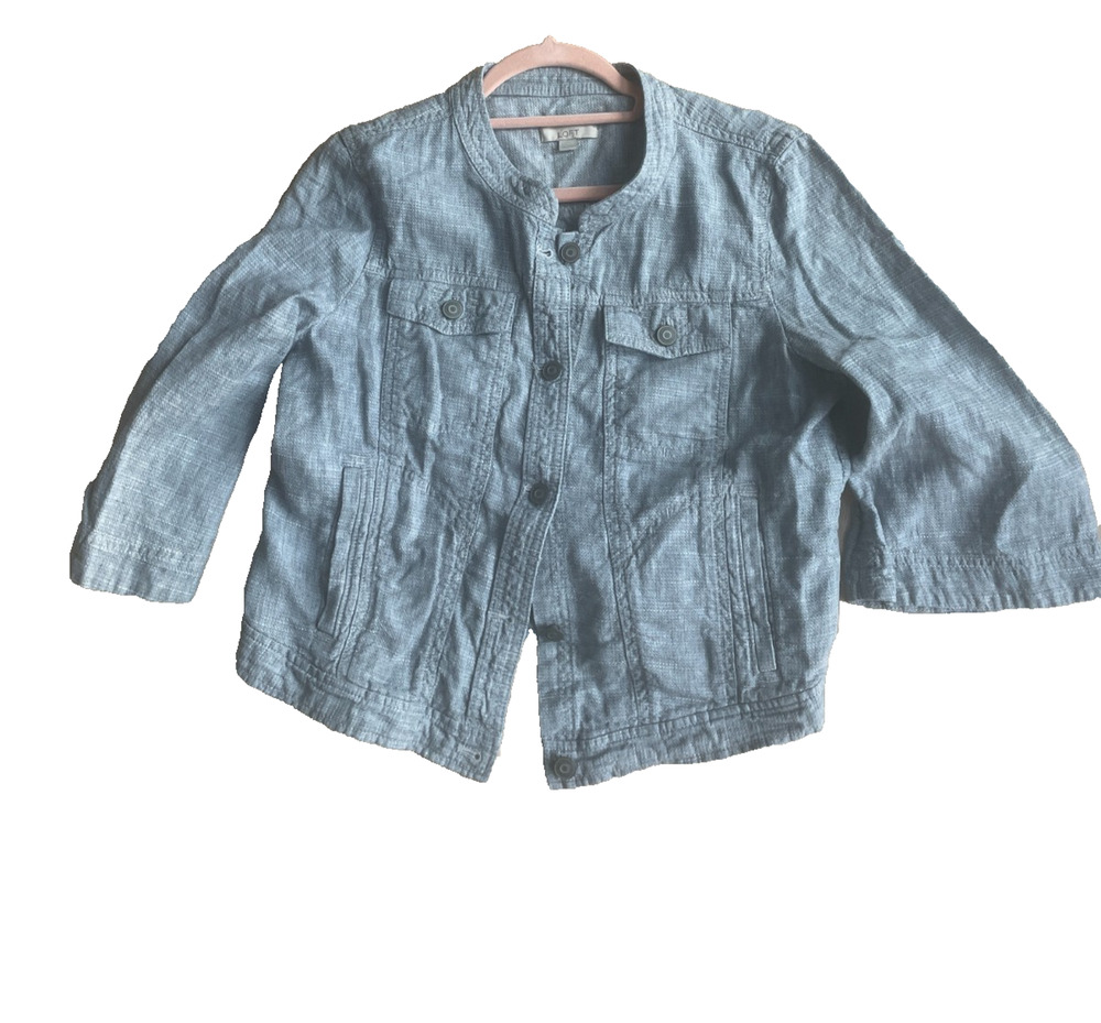 Ann Taylor Loft Womens Button Jacket M 65% Linen Blend Grey 3/4 Kimono Sleeve